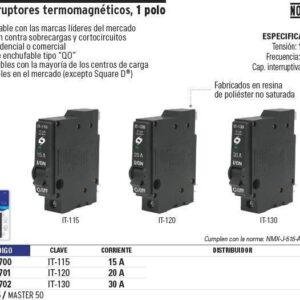 (46701) INTERRUPTOR TERMOMAGNETICO 1 POLO 20A, VOLTECK